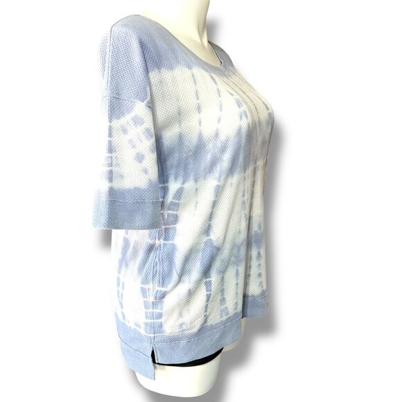Easel Womens Waffle Knit Sweater Shirt Top Short Sleeve Tie Dye Blue White Large - Picture 3 of 11
